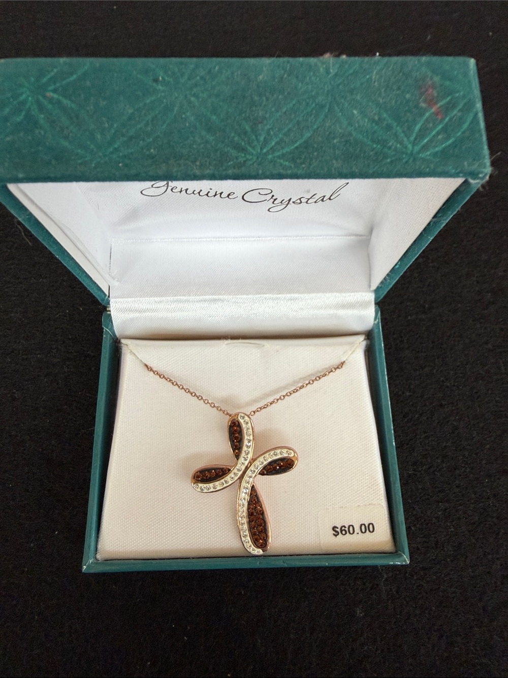 Crystal Cross Pendant Necklace in Rose Gold and Brown